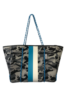 Ah Dorned Stripe Neoprene Tote-Grey Camo with a Blue and White