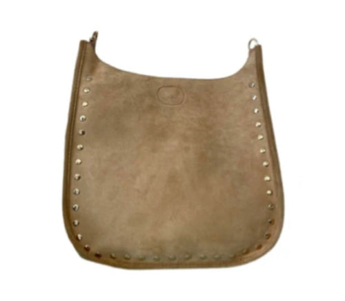Ah-Dorned Classic Studded Faux Suede Messenger Camel with Gold Hardware